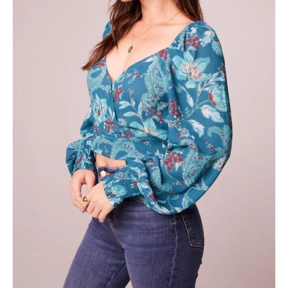 Band of the Free Sybille Teal Floral Crossover Crop Top Sz Small Womens Deep Tea - Picture 7 of 13